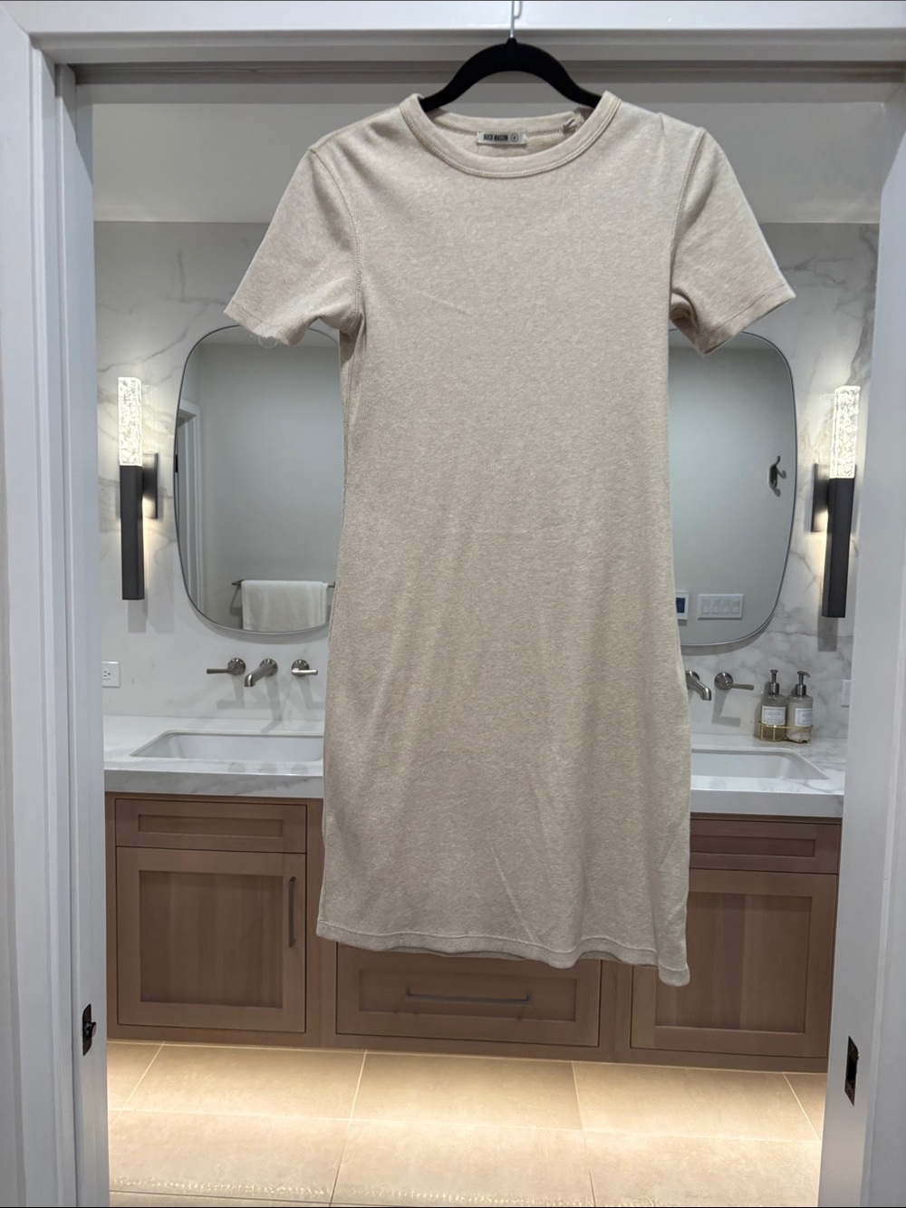 Buck Mason Neutral Crewneck Mini Dress in Light Beige